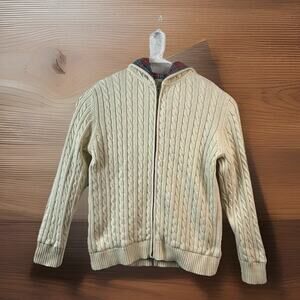 L.L. Bean Sweater Womens Size L Beige Cable Knit Full Zip Hoodie Flannel Plaid